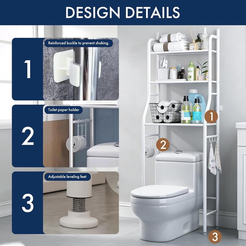3-Tier Over the Toilet Storage Shelf with Adjustable Foot Pads, Anti-Tilt Metal Bathroom Organizer with Paper Holder & 4 Hooks, No Drill Space Saving Toilet Rack