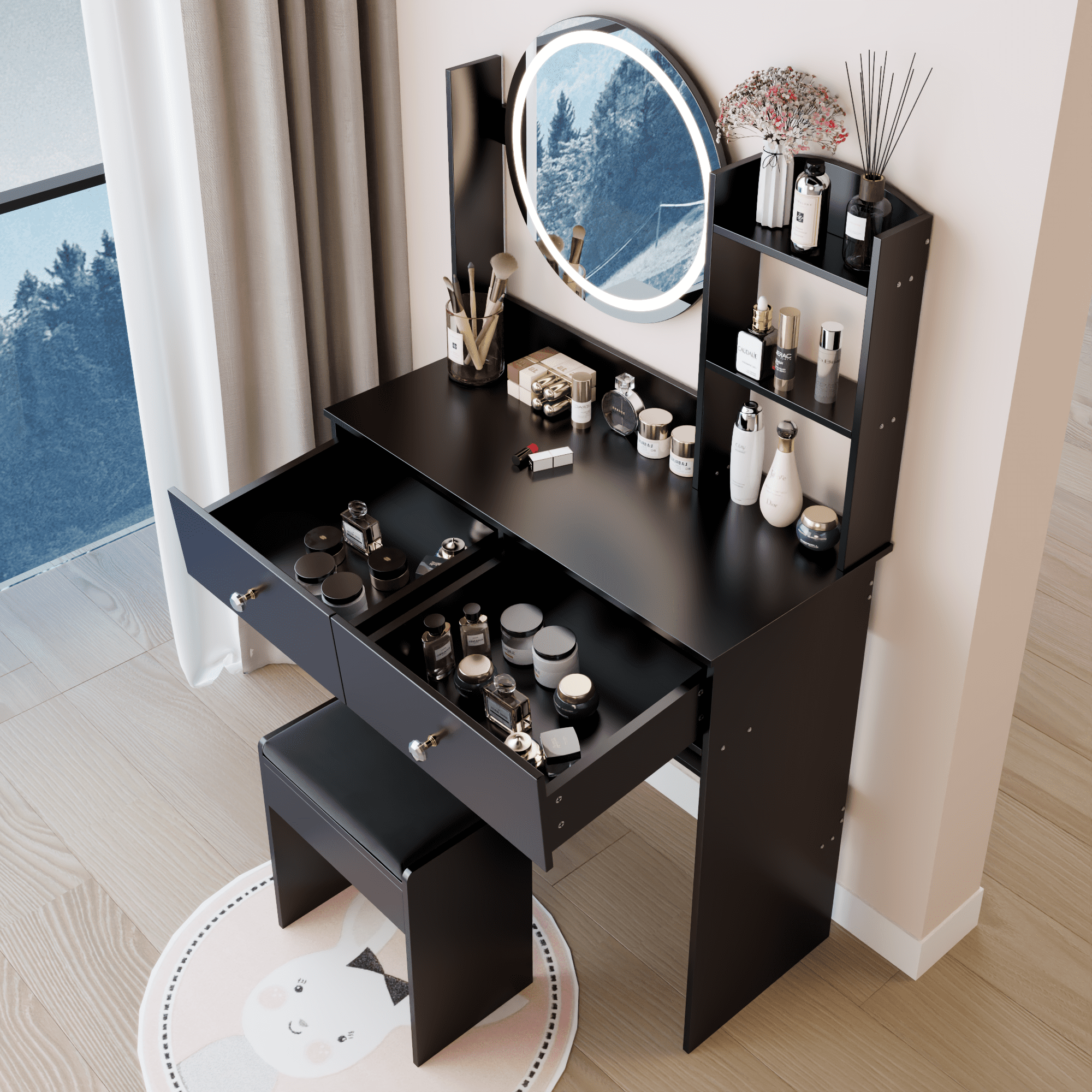 Leumius Makeup Vanity Desk with Mirror and Lights,Dressing Table with 2 Drawers,3 Color Lighting Brightness,Multi-layer High Capacity Storage Makeup Table for Bedroom,Black