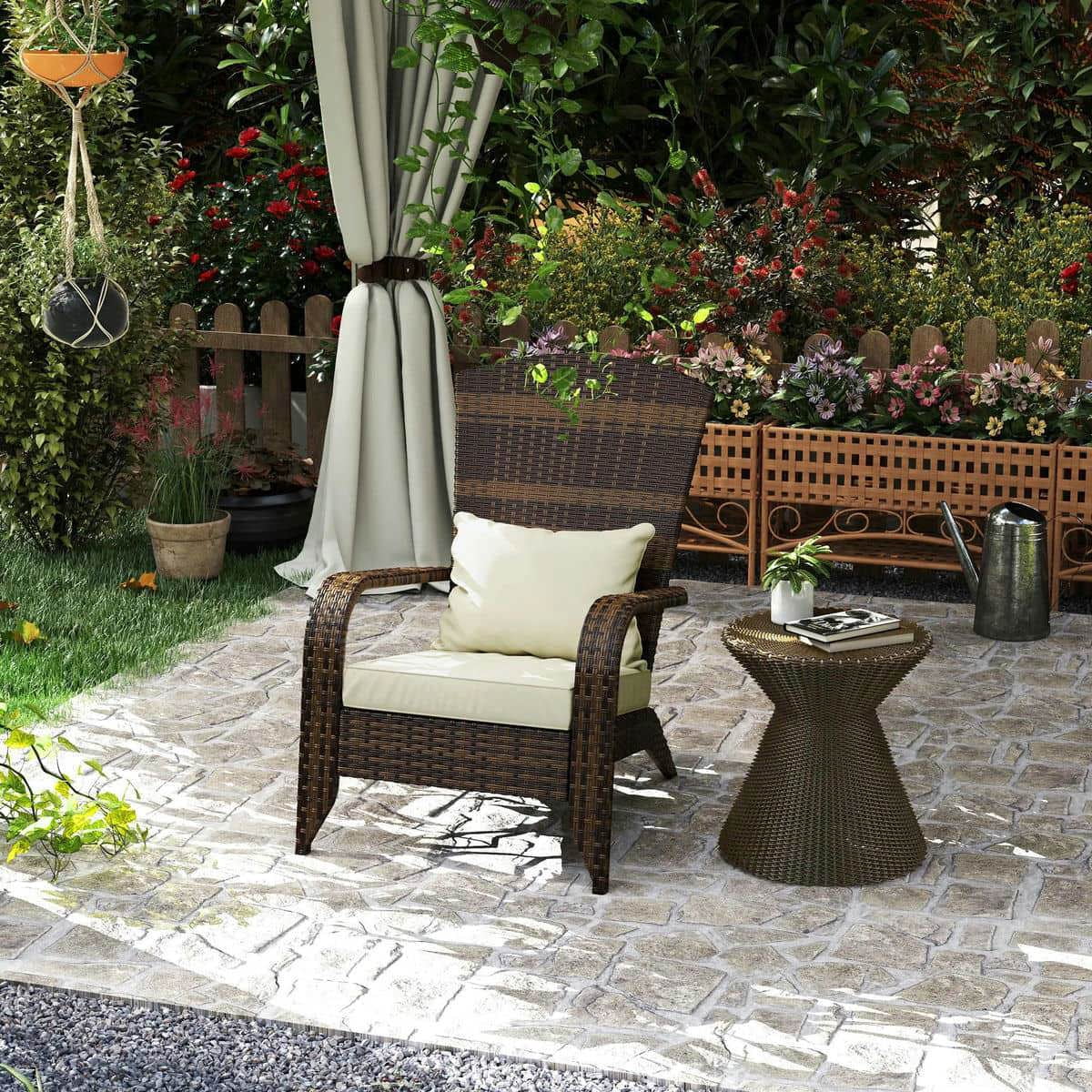 GVN Patio Accent Chair, Outdoor Adirondack Chairs, Patio Adirondack Chair with Rattan Wicker, Soft Cushions for Deck or Garden, Cream White