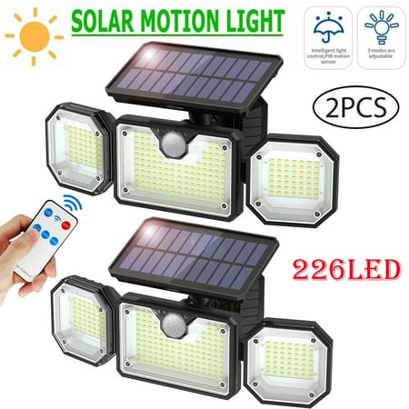 

2 Pack Solar Lights Outdoor Solar Flood Light 226LED 6500K LED Solar Motion Sensor Lights with 3 Adjustable Heads with 360° Wide Angle Illumination IP65 Waterproof Security Garden Lights