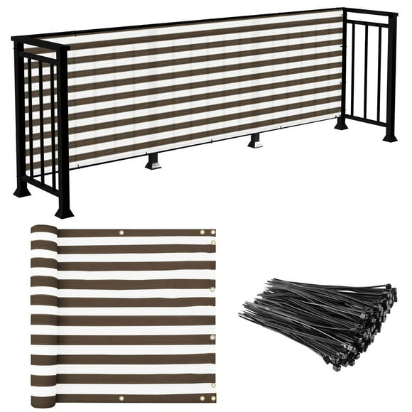 E&K Sunrise 3' x 27' Balcony Privacy Fence Screen Cover with Zip Ties Outdoor Screen Fence UV Protection for Deck Patio Backyard Apartment Pool Porch (Brown White Strip)