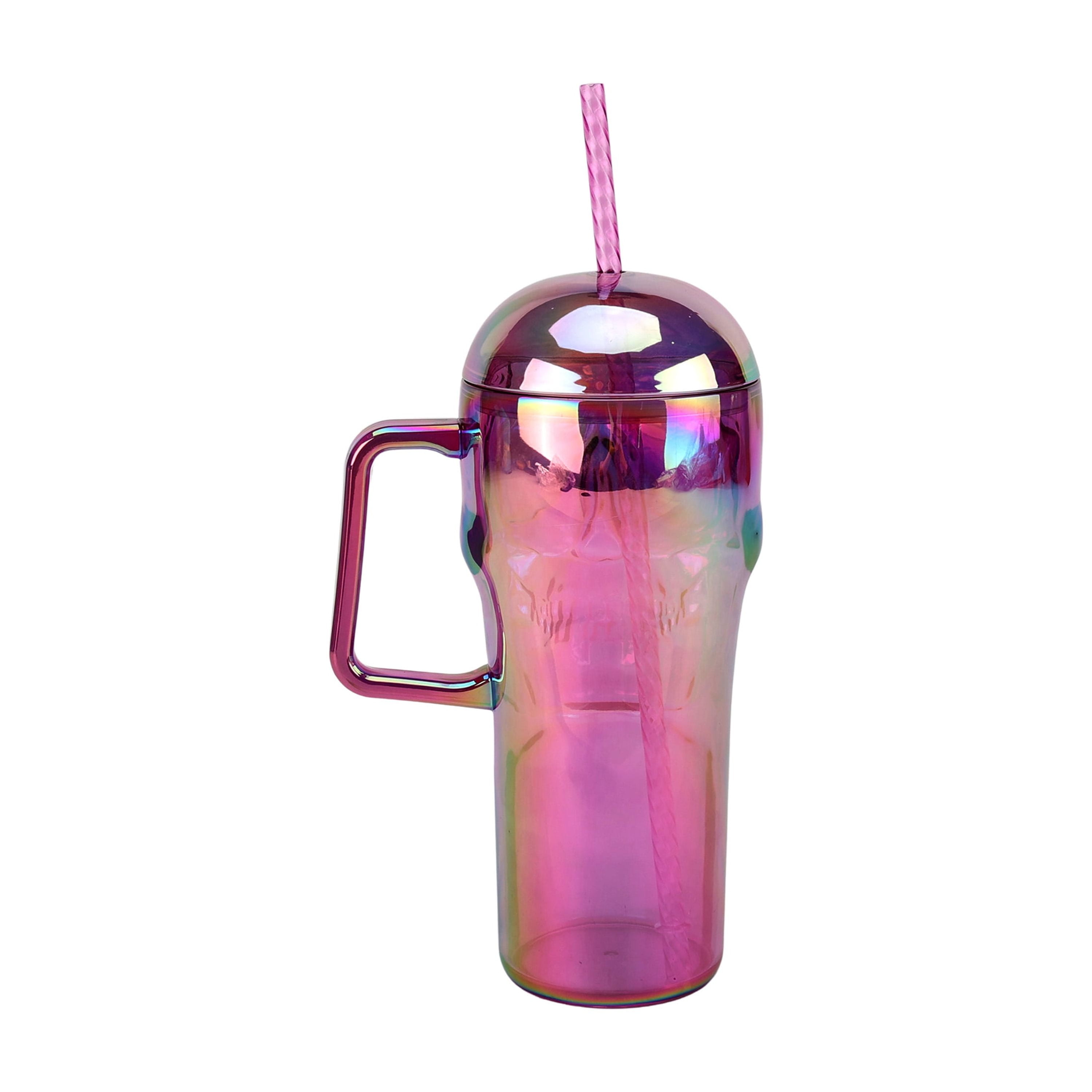 (2 pack) Way to Celebrate Halloween 30 oz Plastic Rainbow Iridescent Skull Tumbler with Straw, Purple Multicolor