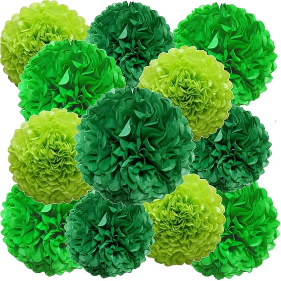 12Pcs Green Tissue Paper Pom Poms - Lime Green, Bright Green & Dark Green Paper Flowers for St. Patrick's Day, Birthday & Jungle Party Decorations