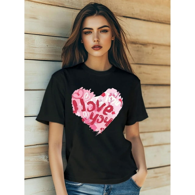 Camiseta con estampado de dibujos animados de amor y romance para mujer, ideal para el Día de San Valentín, de moda, de manga corta y cuello redondo, ideal para verano, informal y deportiva.