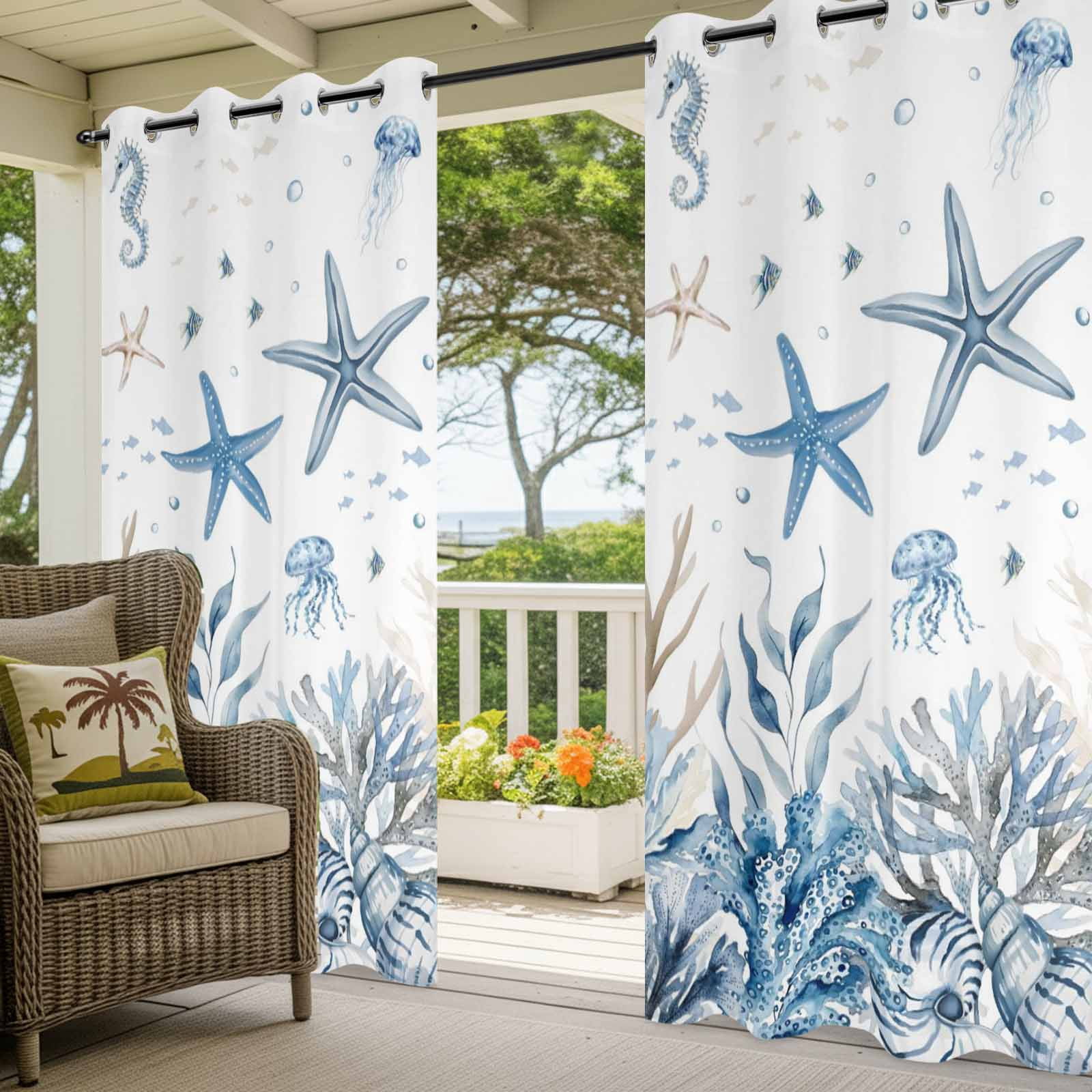 Ocean Starfish Outdoor Curtains for Patio, Nautical Coastal Jellyfish Seahorse Coral Seaweed Seashell Sunshade Privacy Drapes Grommet Waterproof Outside Curtains for Porch Balcony 54"x108", 1 Panel