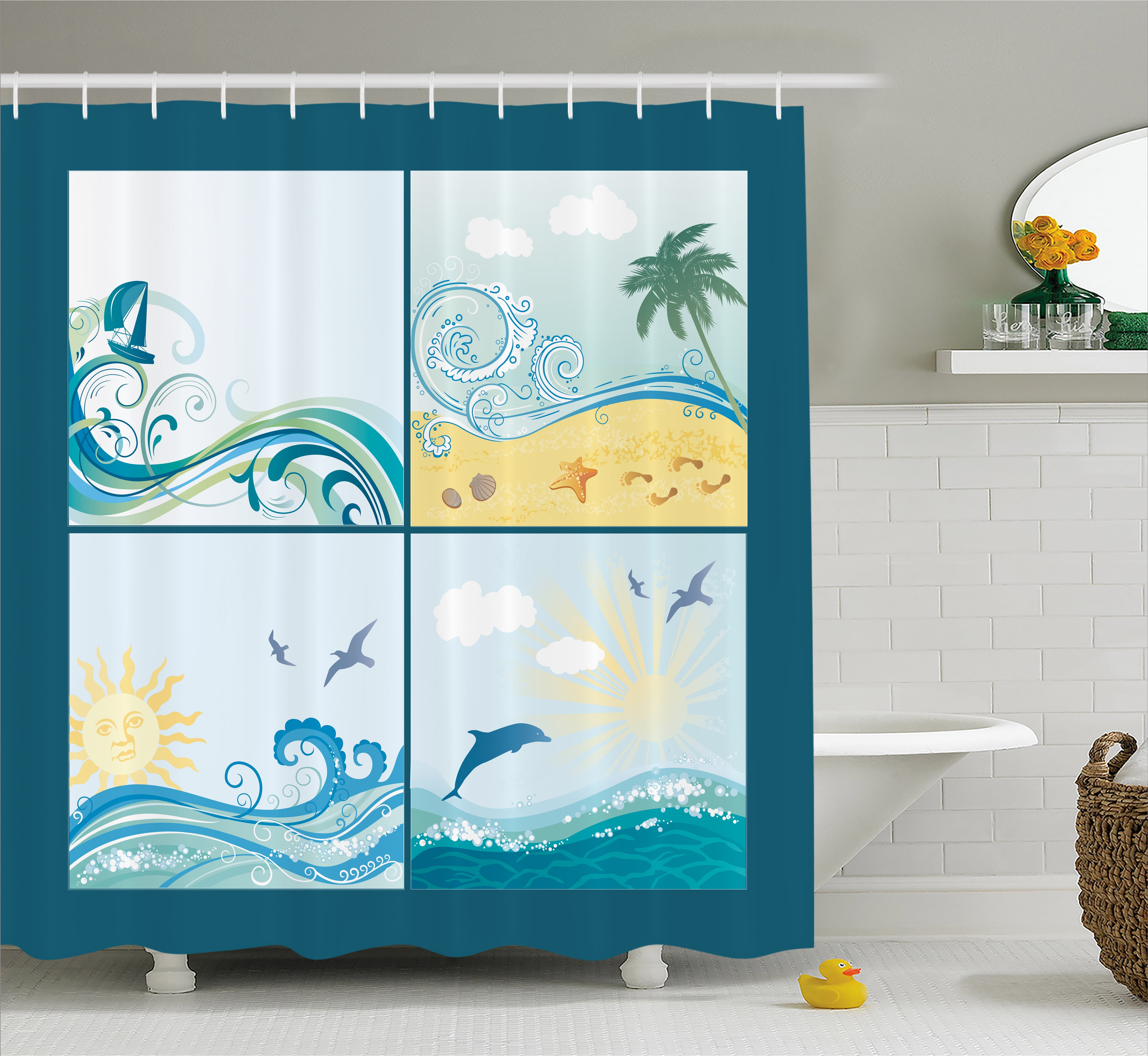 Beach Shower Curtain, Maritime Themed Frames with Waves Sun Trees