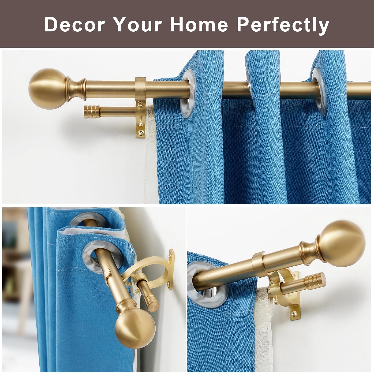 Double Curtain Rod 72-144 Inches, Warm Gold Double Window Decorative Curtain Rod, Adjustable Double Drapery Rod with Round & Barrel Finials,1-Inch Front and 5/8 Inch Back Telescoping Dual Curtain Rod