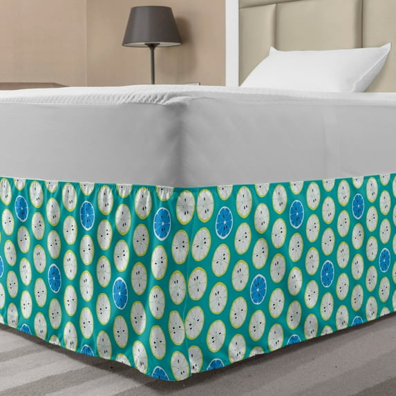 Fruit Bed Skirt, Fresh Colors Sliced Citrus Pattern Lime Lemon Illustration, Elastic Bedskirt Dust Ruffle Wrap Around for Bedding Decor, 4 Sizes, Dark Seafoam Sky Blue, by Ambesonne