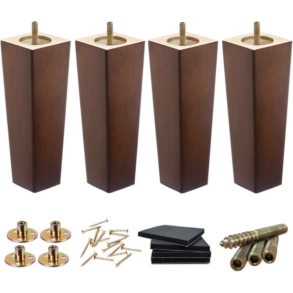 Wood Furniture Legs - 8 inch Sofa Legs Pack of 4 Square Brown Couch Legs, Mid Century Chair Feet, Sofa Replacement Parts, for Dresser, Sideboard, Recliner, Coffee Table