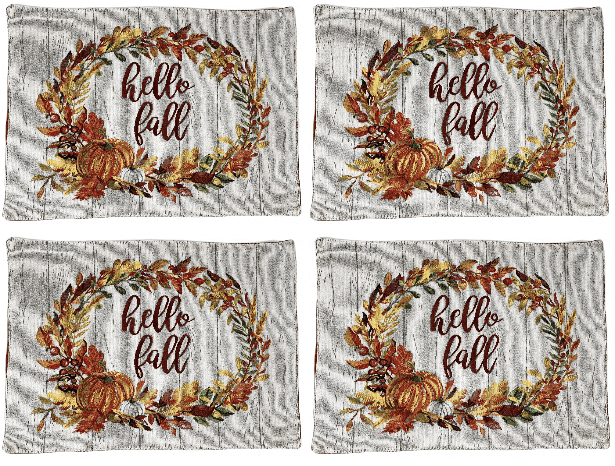 Windham Home Autumn Fall Thanksgiving Themed Tapestry Placemats, Set of 4  (Hello Fall Leaf and Pumpkin Wreath)