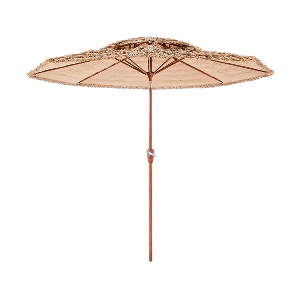 KFFKFF 9 ft Tiki Umbrella with Tilt, 2-Tier Hawaiian-Style Patio Parasol with PP Thatch and 8 Metal Ribs, Grass Umbrella for Beach, Poolside, Backyard, Garden, and Patio