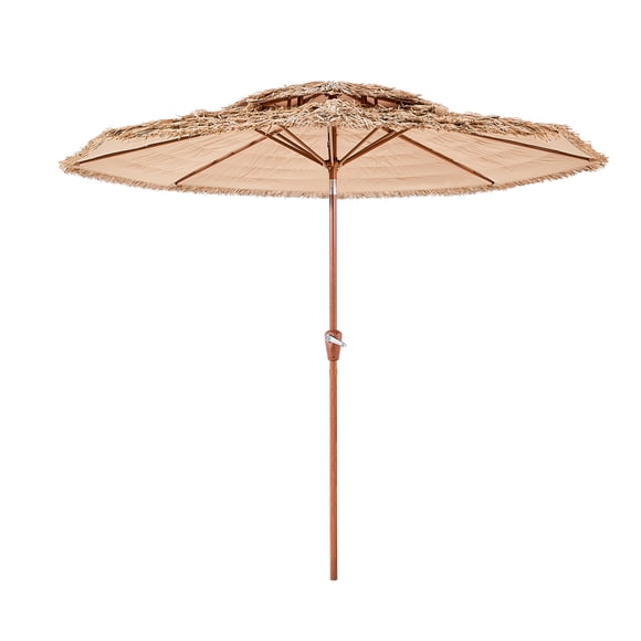 KFFKFF Tiki Umbrella, 9 ft Thatched Patio Umbrella with Tilt, 2-Tier Hawaiian Style Beach Parasol with PP Thatch and 8 Metal Ribs, Grass Pool Umbrellas