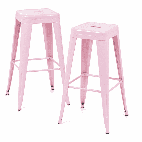 30 Inch Backless Metal Bar Stools, Set of 2, Pink, Carry Hole and Four-Sided Footrest