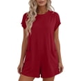 thumbnail image 1 of Lovzfmll Combinaison pour Femmes, Col Rond à Manches Courtes avec Poche, Jambe Grand, Barboteuse d'Été Décontractée Rouge, P, 1 of 9
