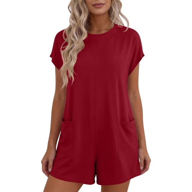 Lovzfmll Combinaison pour Femmes, Col Rond à Manches Courtes avec Poche, Jambe Grand, Barboteuse d'Été Décontractée Rouge, P