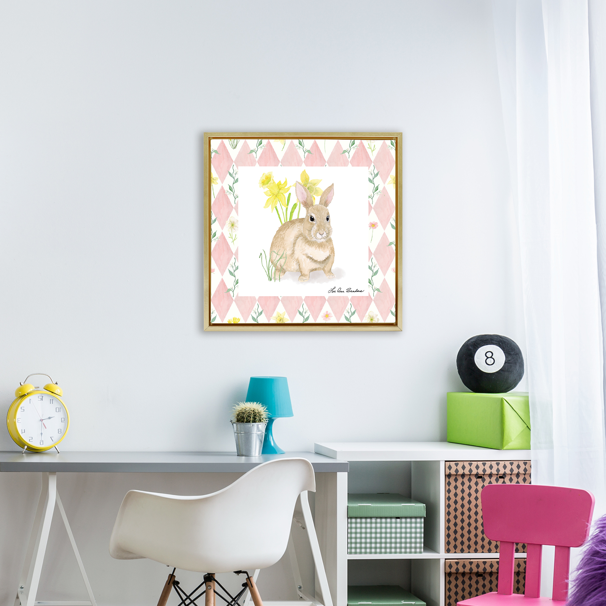 Bunny on Pink Argyle Gold Framed Floater Canvas Wall Art, design by Lee Ann Sanders