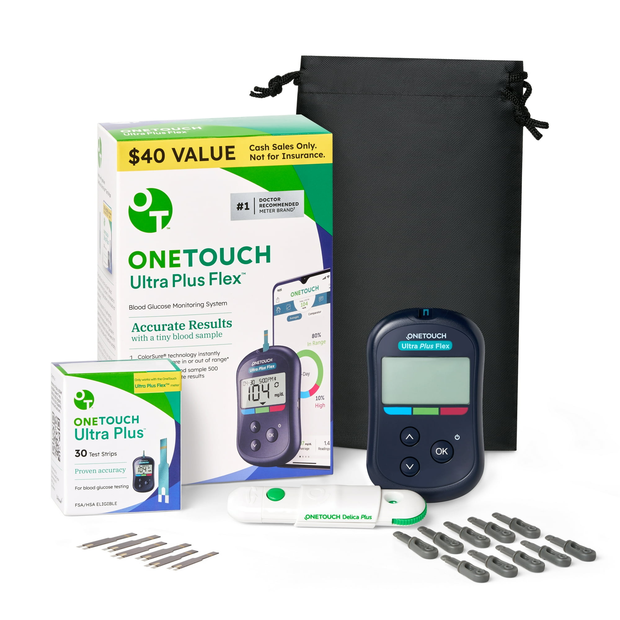 OneTouch Ultra Plus Flex Test Kit - Includes Ultra Plus Flex Blood Glucose Meter, 10 Lancets, Lancing Device, 30 Test Strips & Carrying Pouch - Diabetes Care Supplies