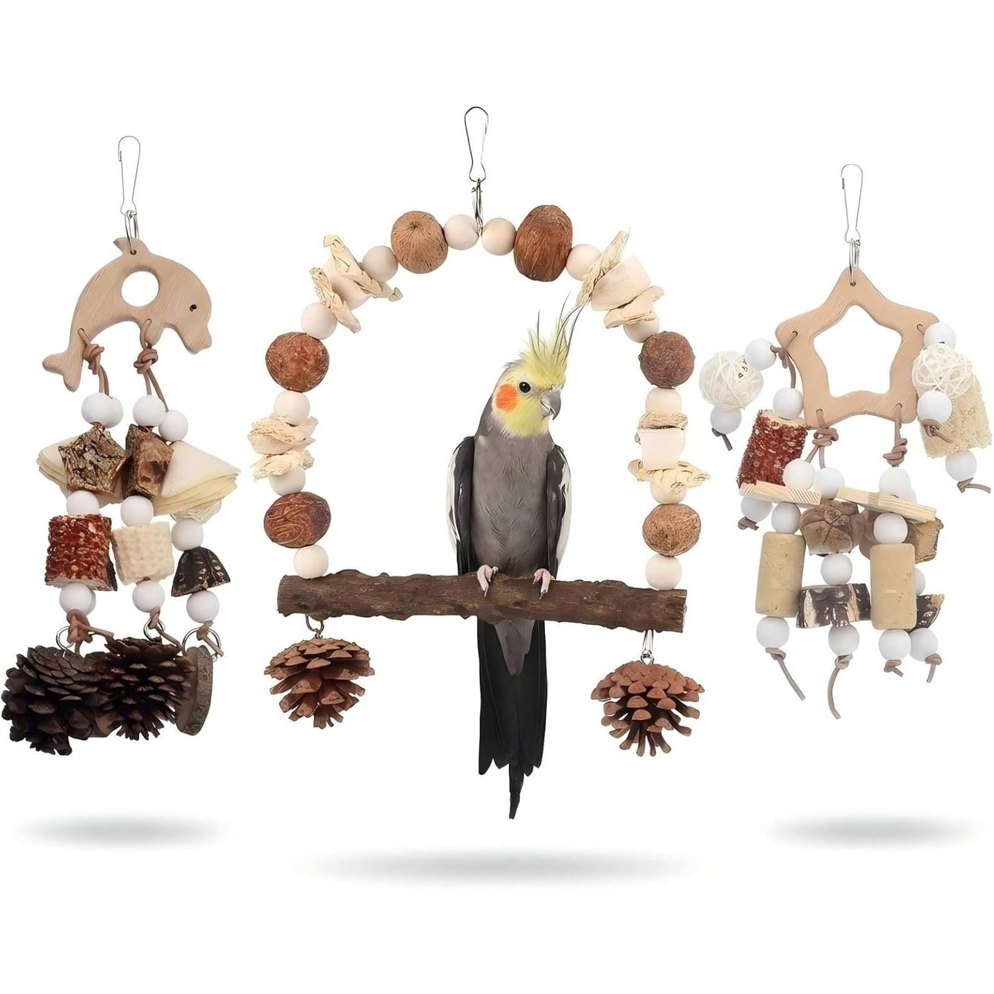 3 count Bird Parrot Toys Set, Chewing Bird Cage Toys with Bird Swing Bird Cage Accessories for Parakeets Conures Cockatiels Budgies Lovebirds Finches