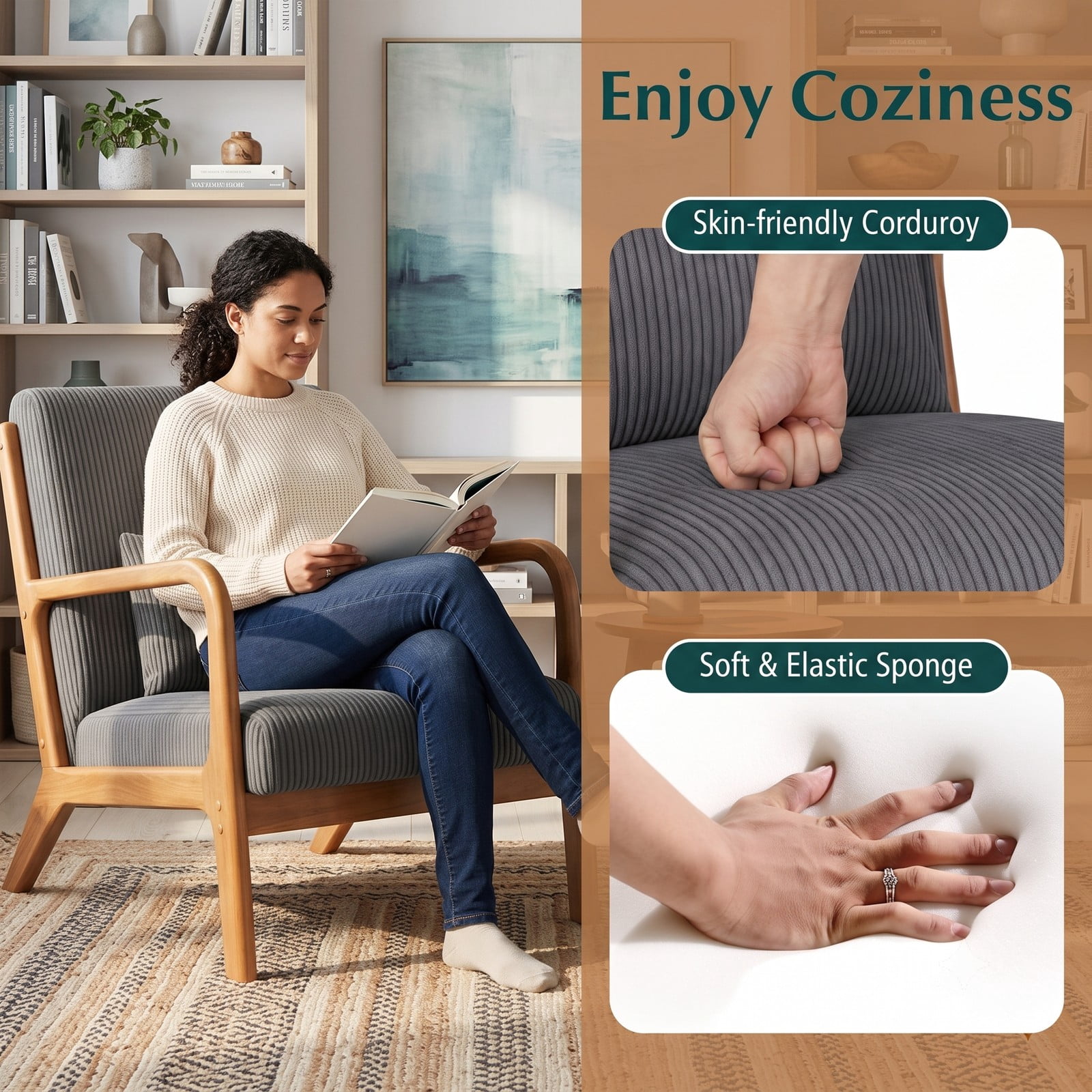 Furnibear Accent Chair, Corduroy Upholstered Lounge Chair with Lumbar Pillow, Ergonomic 105-Degree Backrest, Solid Wood Frame Armchair for Living Room Bedroom, Gray
