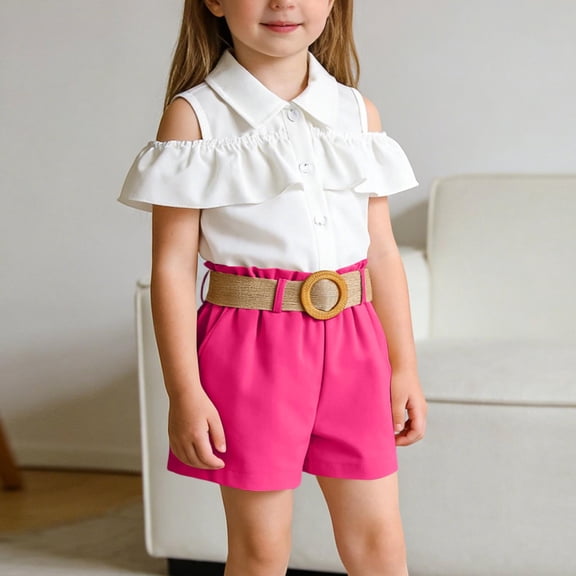 ITSAME Girls Outfits 3-Piece, Lapel Ruffled Tops and Shorts with Belt Summer Fashion Casual Clothes Set Hot Pink Size 6