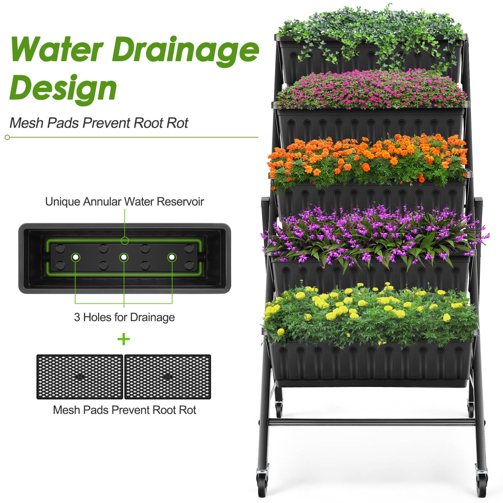 Funcid 4 ft Vertical Garden with Removable Locking Wheels 5-Tier Raised Garden Bed Planter Box for Patio Balcony Flower Herb Freestanding Garden Planter - 30"×26"×48"