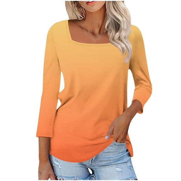 Women's Tops 3/4 Length Sleeve Square Neck Gradient Color Casual Dressy Tunic Tops Summer Basic Shirts
