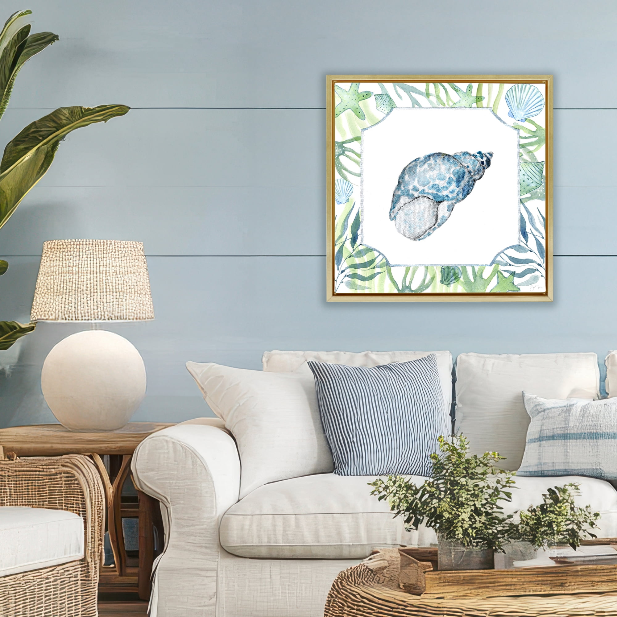 Stupell Industries Spotted Cowrie with Seaweed Gold Framed Floater Canvas Wall Art, design by Janet Tava