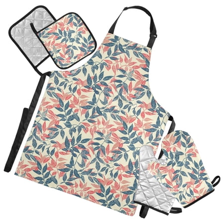 Leaf and Branch 5 Pcs Kitchen Set Heat Resistant Oven Mitts and Non-Slip Pot Holders with Adjustable Cooking Apron