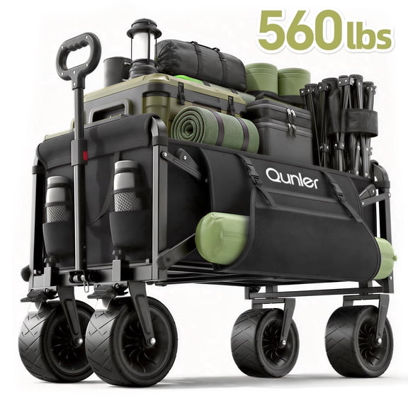 Qunler Collapsible Wagon Cart, 560lbs Heavy Duty Large Utility Garden Cart with Brake Wheels and Side Pocket for Camping, Shopping, Kids, Sports, Grocery, Black