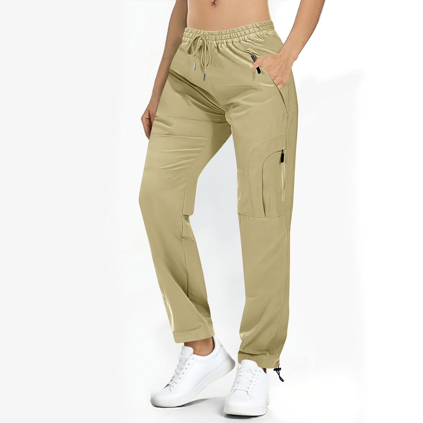 Womens Beige Cargo Pants - 100% Polyester, Multi-Pocket, Elastic Waist Drawstring, Relaxed Straight Leg, Wrinkle-Resistant for Casual & Outdoor,Size XL - image 4