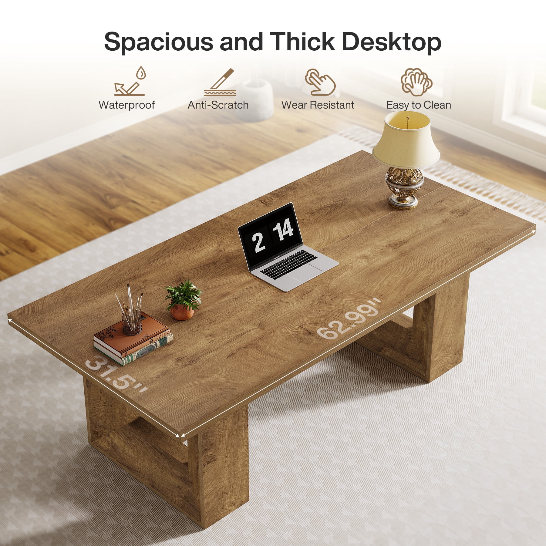 Finmind Large Executive Desk, 62.99-inch Home Office Desk, Rectangular Computer Table for Home Office, Study Room, Brown