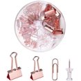 thumbnail image 1 of ZHAOCHENG Juego de 72 piezas de material de oficina, incluye 22 clips para carpetas, 30 sujetapapeles, 20 chinchetas, organizador de accesorios de escritorio escolar con caja (C-oro rosa), 1 of 5