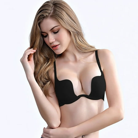 

Varsbaby Womens Low Plunge Push Up Bra with Clear Straps Low Cut Convertible Underwire Padded Cleavage Bra