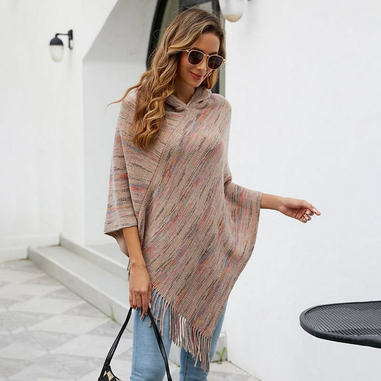 Elainilye Fashion Women's Poncho Sweater Casual Warm Tassel Cape