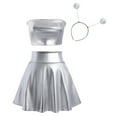 thumbnail image 2 of Women's 3Piece Metallic Outfit Shiny Crop Top + Silver Flared Skirt + Alien Headband Halloween Costume Clubwear Musical Festival Rave Outfit M Silver, 2 of 8