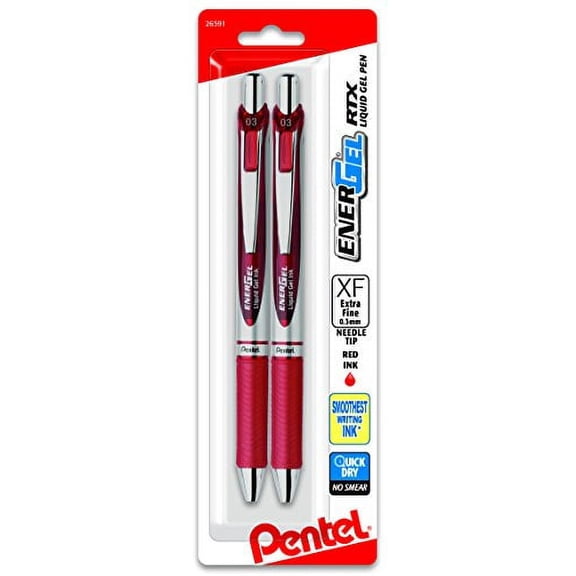 Pentel EnerGel RTX Retractable Liquid Gel Pen, (0.3mm) Needle Tip, Extra Fine Line, Red Ink, 2-Pk (BLN73BP2B)