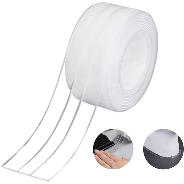 br cinta de sellado de silicona impermeable para fregadero de cocina: autoadhesiva, resistente al moho (38 mm * 3 m) rollo blanco de tira selladora doble capa con perfil en U y líneas de posicionamiento visibles; acabado liso y cuatro tiras desenrolladas que muestran la sección; dos inserciones muestran aplicación en borde de fregadero y esquina de baño; también suele usarse para sellar bordes de encimeras pequeñas.