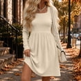 thumbnail image 4 of Tumotour Plus Size Fall Dress for Women's Solid Color Square Neckline High Waisted A-Line Mini Dress knitted Long Sleeve Slim T-Shirt Dress, 4 of 9