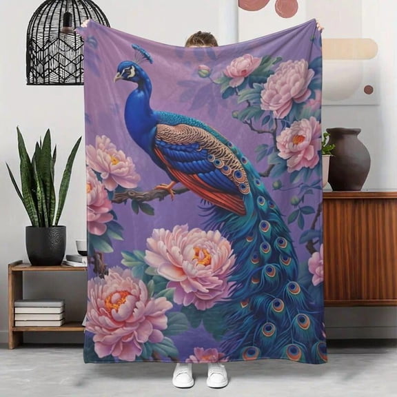 Peacock & Floral Pattern Blanket, Soft Comfortable Warm Throw, Cool Bedroom Bedding Blankets, Air-conditioned Room Blanket, Warm Nap Blanket for Home & Office