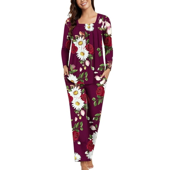 XWSHYW Sleepwear for Women Summer Floral Print Lightweight Sleepwear with Pants Leisure Crew Neck Long Sleeve Pajamas