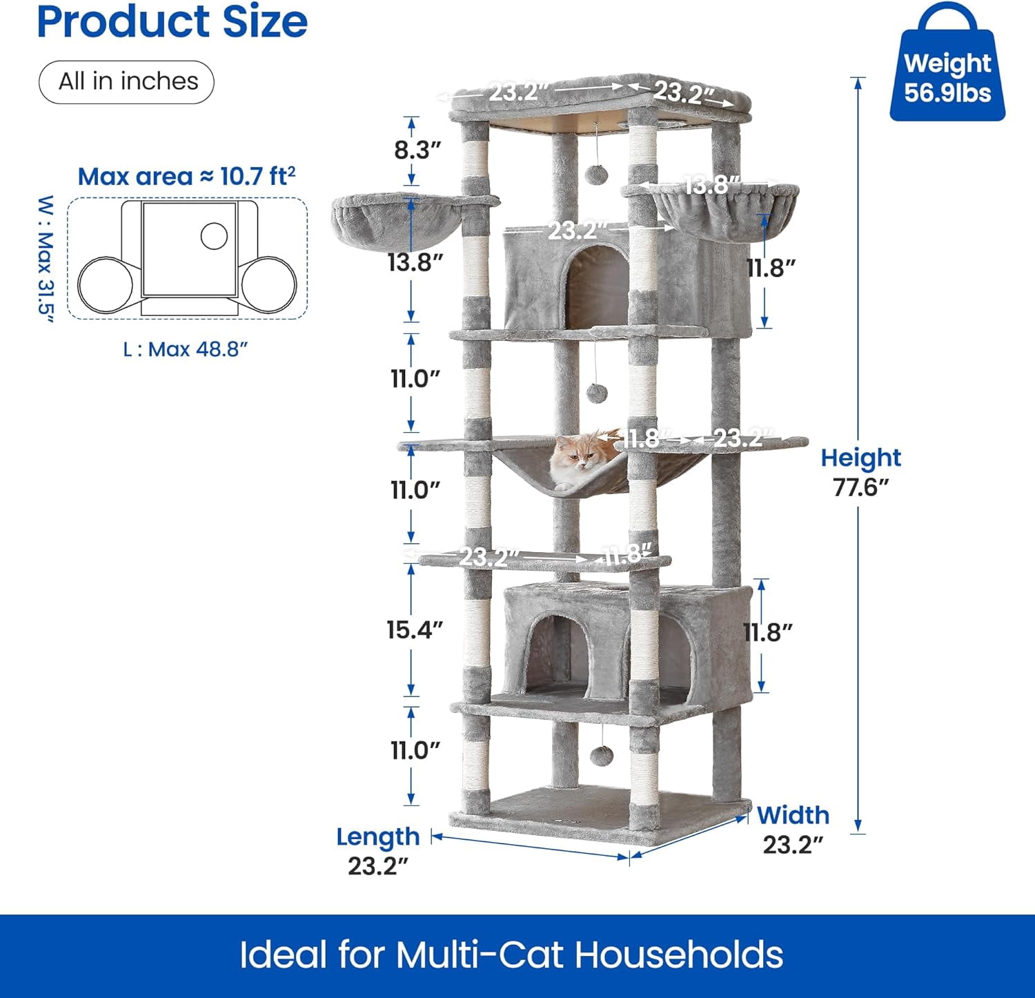 WSWJY Extra Large Cat Tree, 77.6-Inch Tall Cat Tower for Indoor Cats with 2 Condos, Multi-Level Cat Stand for Large Cats, 3 Hammocks, Wide Perch, Scratching Posts, Dangling Toys, Light Grey