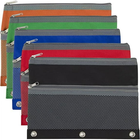 Trailmaker 3-Ring Binder Pencil Cases With Mesh Pockets, 7" x 9-13/16", Assorted Colors, Pack Of 100 Cases