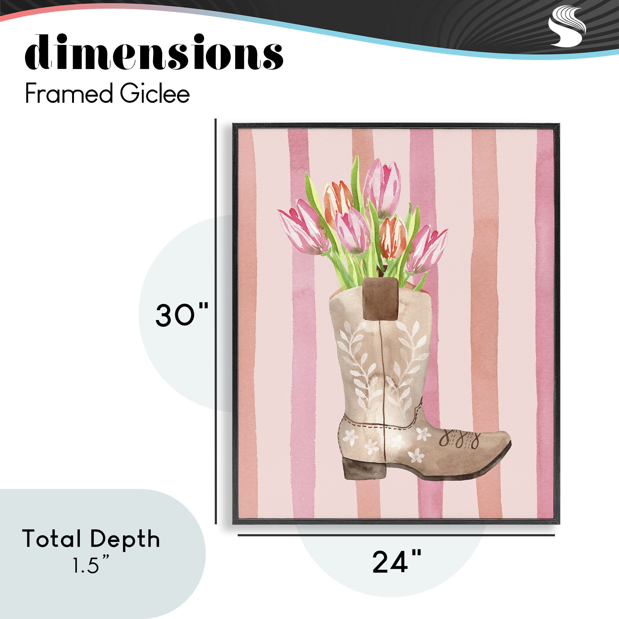 Tulip Cowgirl on Stripes Black Framed Giclee Art, design by Nina Jacobs