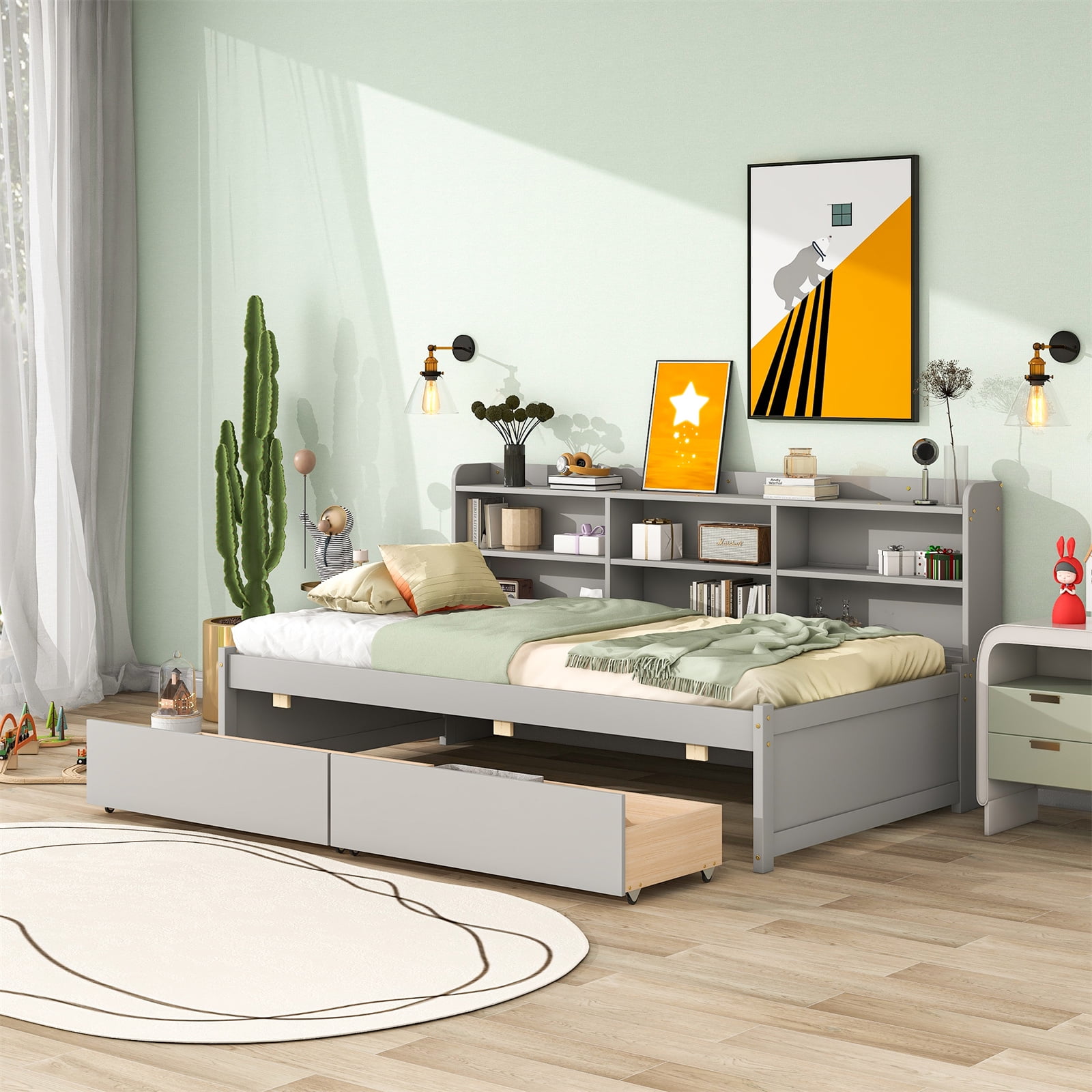 Twin Bed with Storage Bookcase and Drawers, Multifunctional Wood