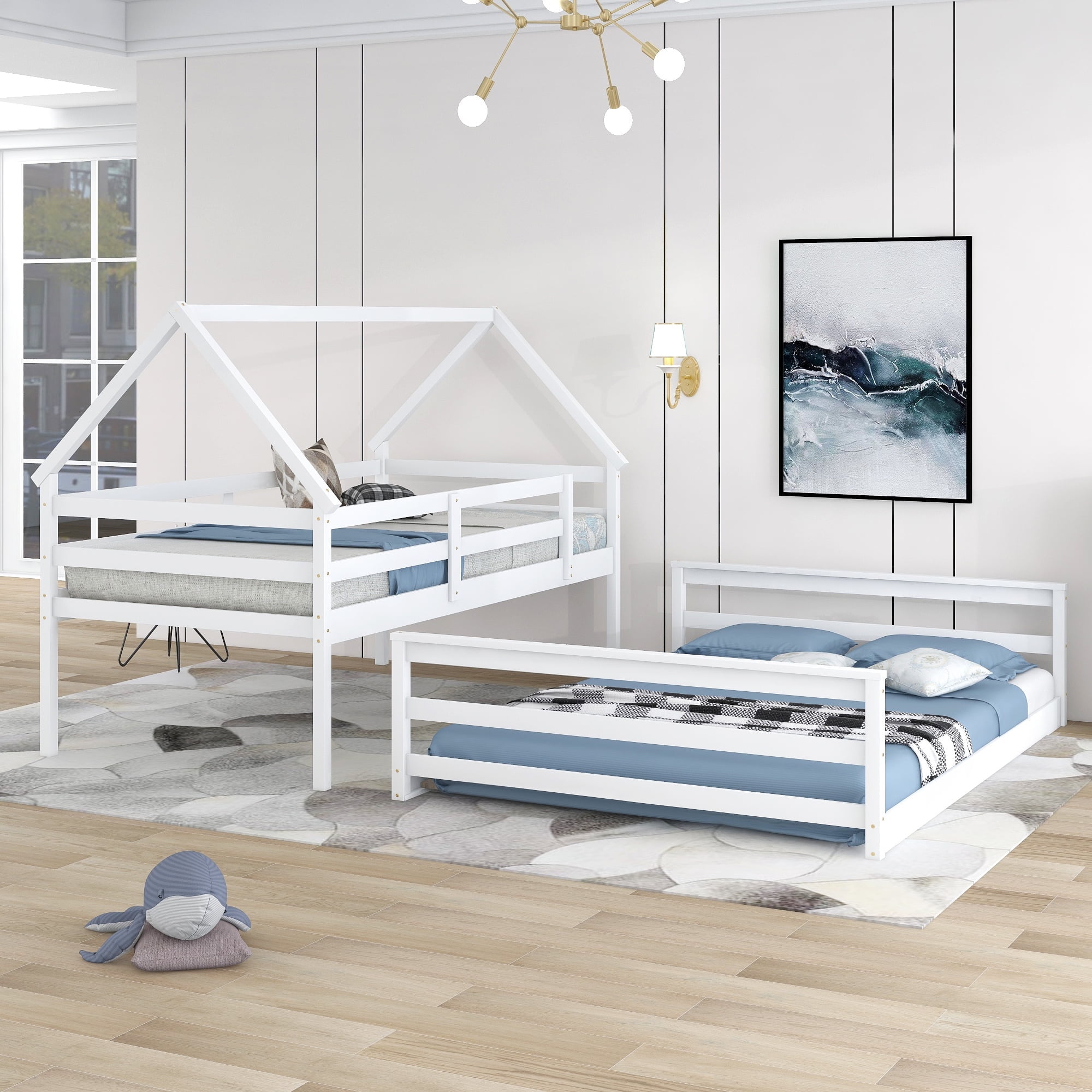 Aukfa Twin over Full Bunk Bed, Solid Wood House Bunk Bed for Kids - White