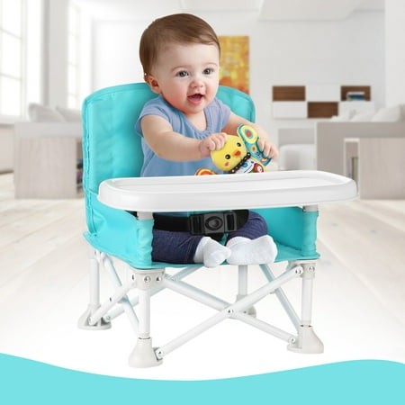 ODOLAND Travel Booster Seat w/ Tray for Baby Folding Portable High Chair for Eating, Camping, Beach, Lawn, Grandma’s Tip-Free Design Straps to Kitchen Chairs - Go- Anywhere High