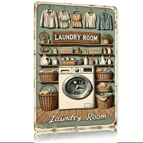 12X8inch Vintage Laundry Room Metal Sign - Country Iron Wall Decor with Distressed Green Background, Rustic Farmhouse Design Featuring Washing Machine, Baskets & Hanging Clothes, Perfect for Home, Ba