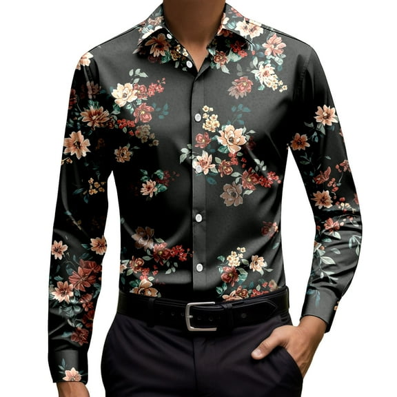 Men's Shirts Long Sleeve Vintage Floral Printed Comfortable Button Down Collared Tops Slim Fit Free Party Fashion Dress Shirts for Men