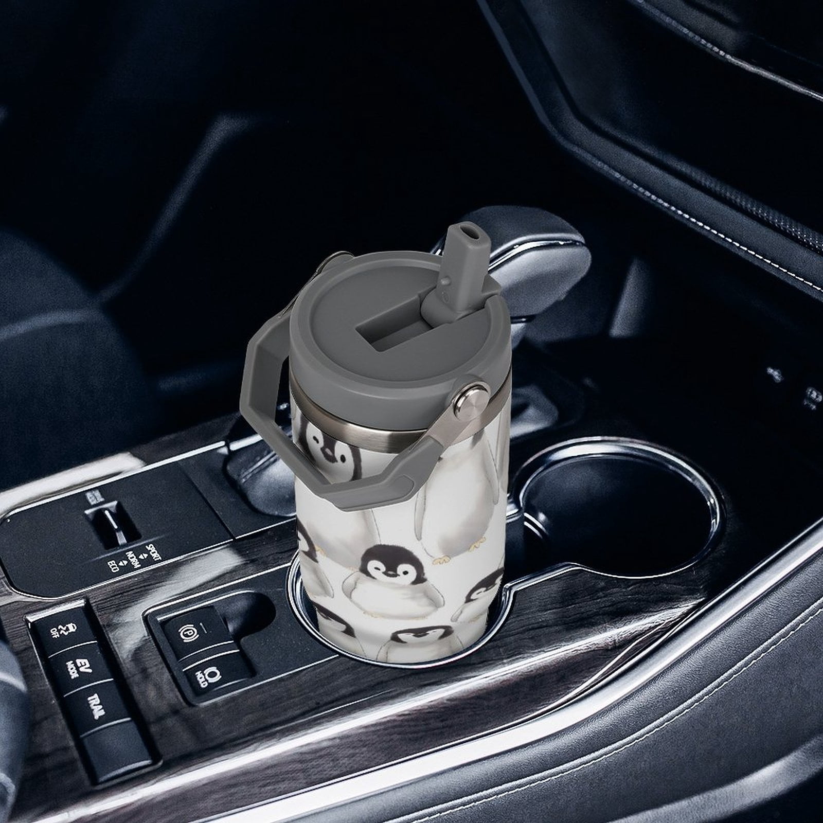 Large Capacity Car Cup 30oz Vacuum Insulation Double Layer Hot Proof Super Capacity Portable Placement Without Water Leakage Cute Baby Penguins White-style