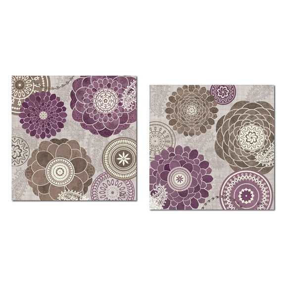 Popular Purple and Grey Patterned Flower Set by Veronique Charron; Floral Decor; Two 12x12in Poster Prints